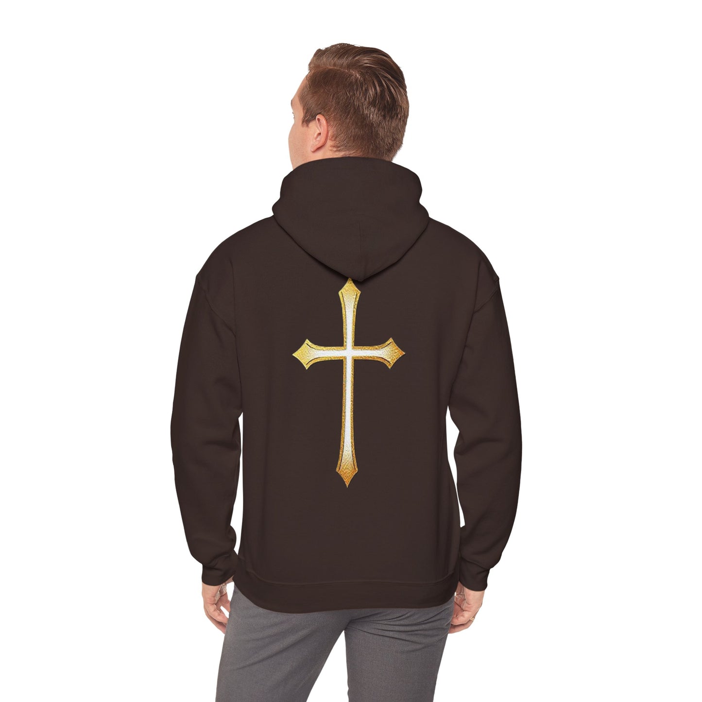 Men’s Gold Cross Hoodie – Bold Christian Faith Hoodie with Front & Back Design