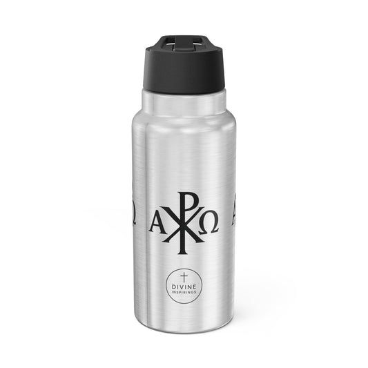 Enduring Faith Stainless Steel Gator Tumbler – Black Chi Rho with Alpha & Omega