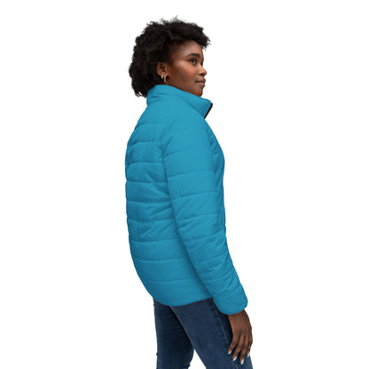Blooming Faith Women’s Puffer Jacket in Turquoise – Floral Cross Crest