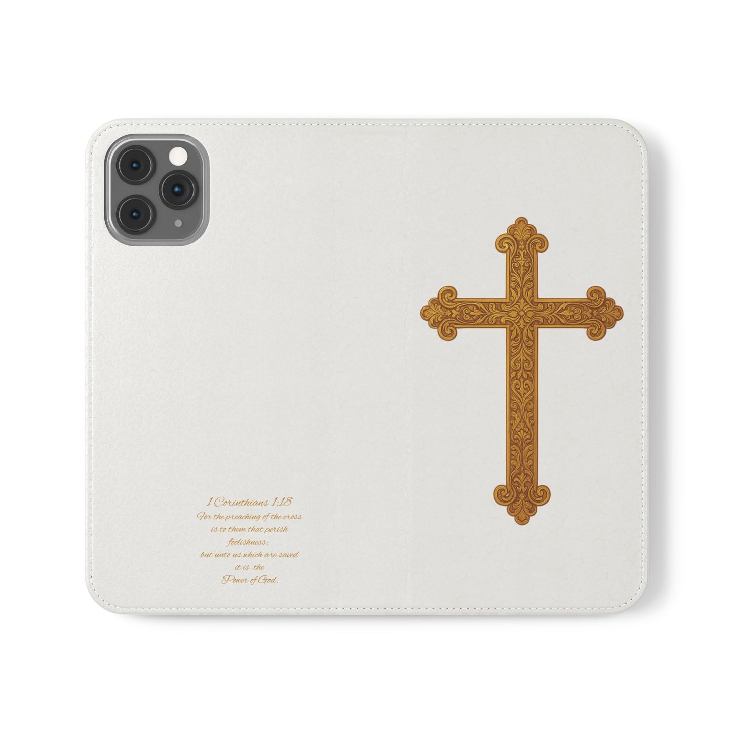 White Wallet Case – Gold Cross with 1 Corinthians 1:18 for iPhones