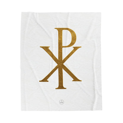 Radiant Faith Plush Blanket – Gold Chi Rho on White