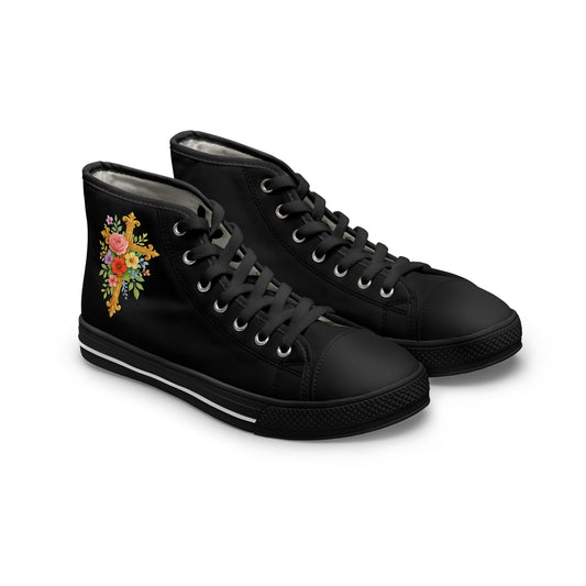 Faith in Bloom – Women’s High-Top Sneakers in Black with Floral Cross