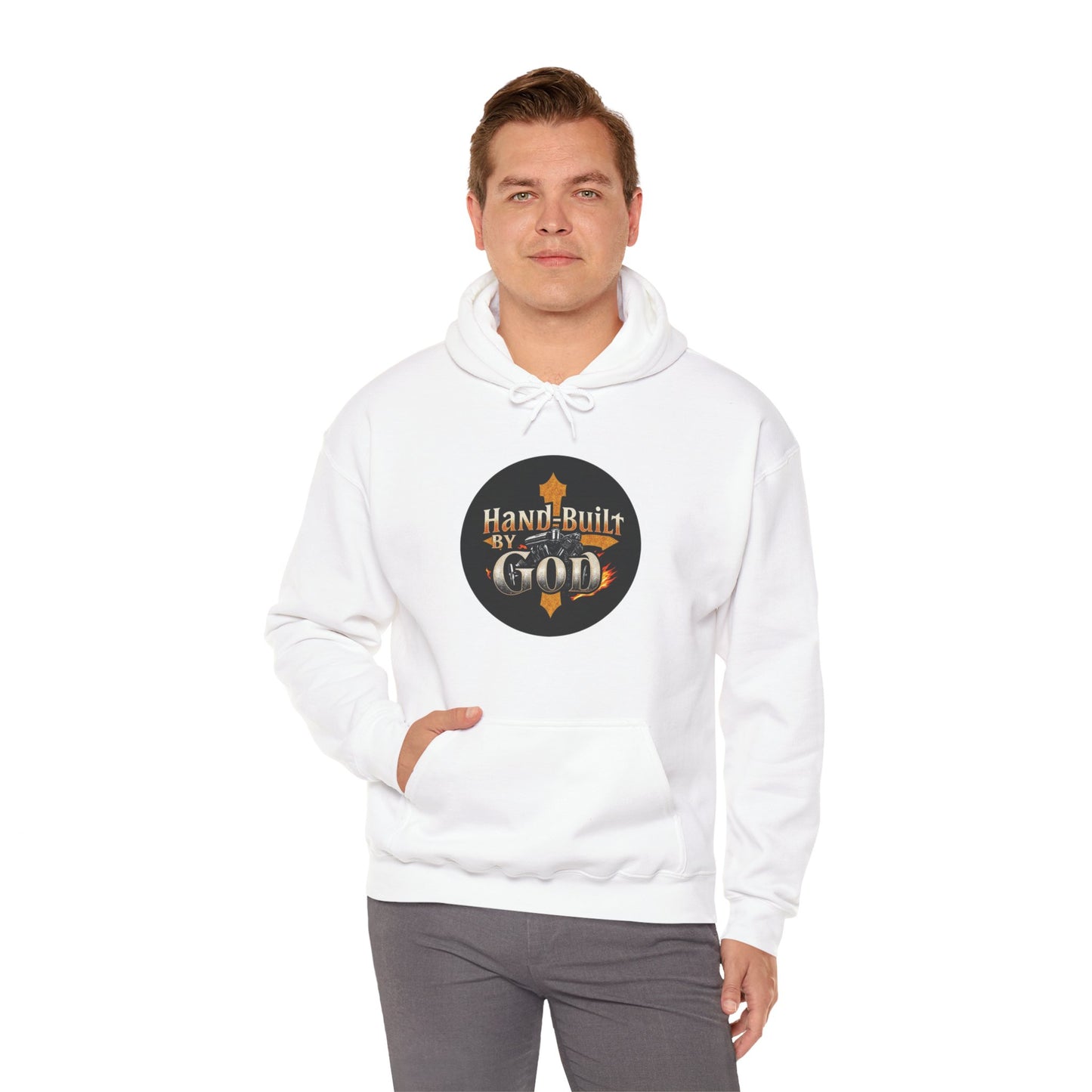 Hand Built by God Men’s Christian Hoodie – Cross & Engine Design