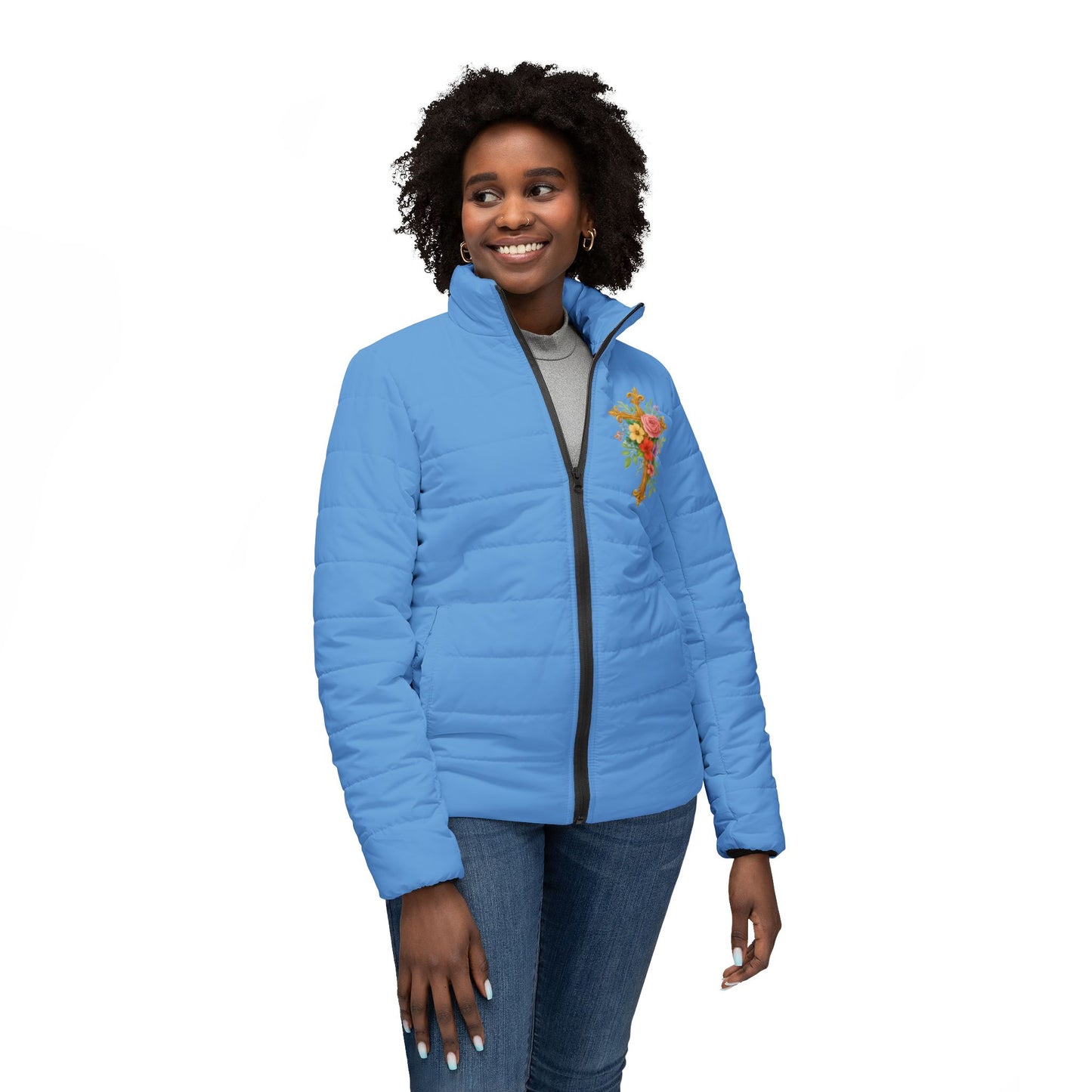 Blooming Faith Women’s Puffer Jacket in Blue – Floral Cross Crest