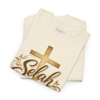 Selah Cross Tee — Women's Christian T‑Shirt with Gold Script