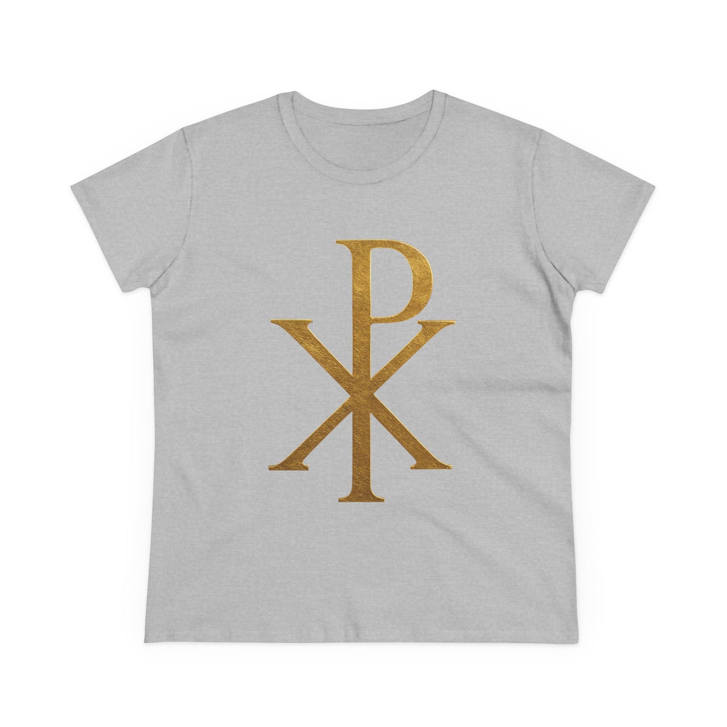 Radiant Redeemer – Women’s Gold Chi Rho Christian Tee