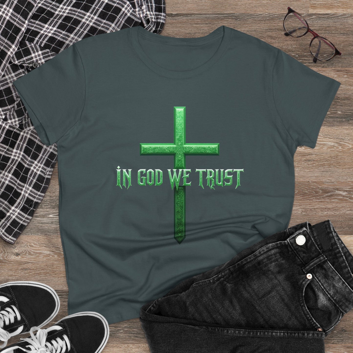 Faith Anchored – “In God We Trust” Women’s Christian Tee with Cross