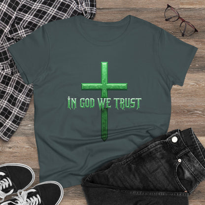 Faith Anchored – “In God We Trust” Women’s Christian Tee with Cross