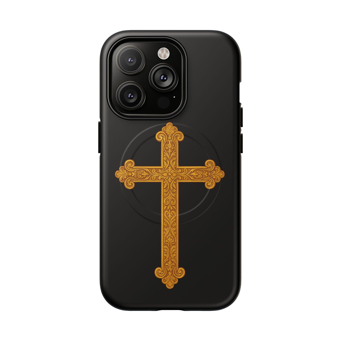Gold Cross on Black Magnetic Tough Case for iPhone – Strength in Faith