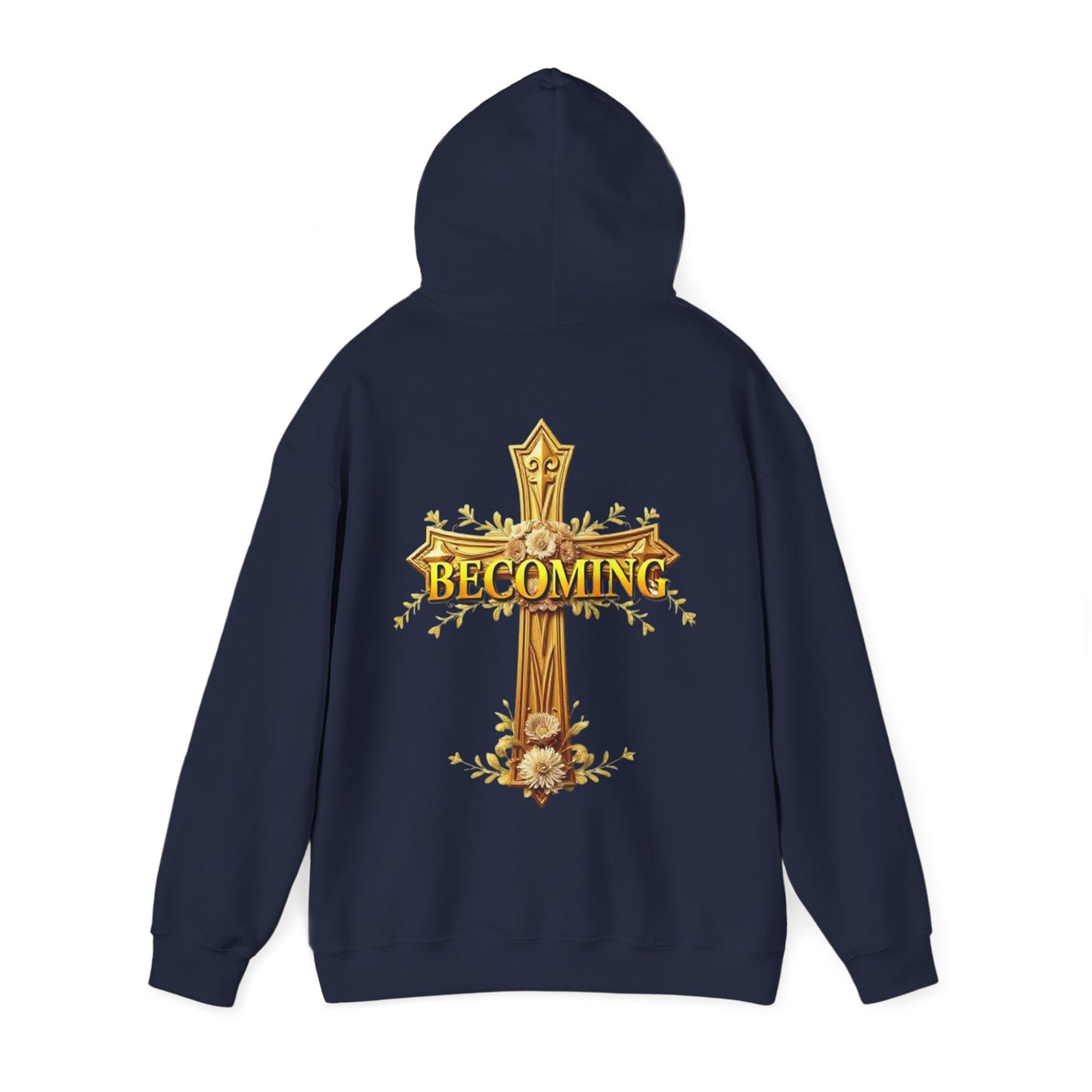 Becoming Women’s Faith Hoodie – Gold Cross Edition (1 Corinthians 15:49)
