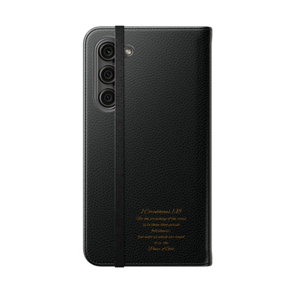 Black with Gold Cross & 1 Corinthians 1:18 - Samsung Flip/Wallet Phone Case
