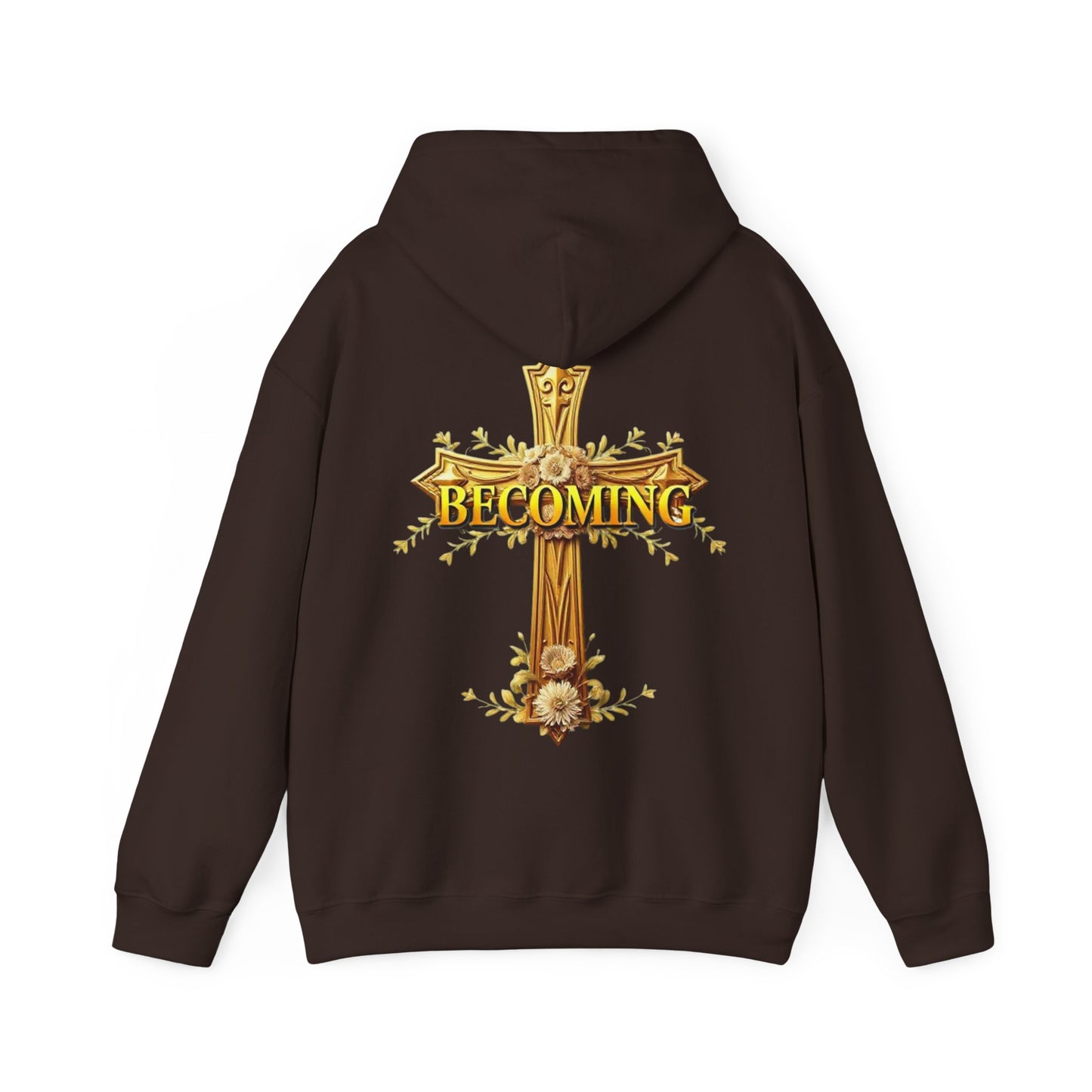Becoming Women’s Faith Hoodie – Gold Cross Edition (1 Corinthians 15:49)