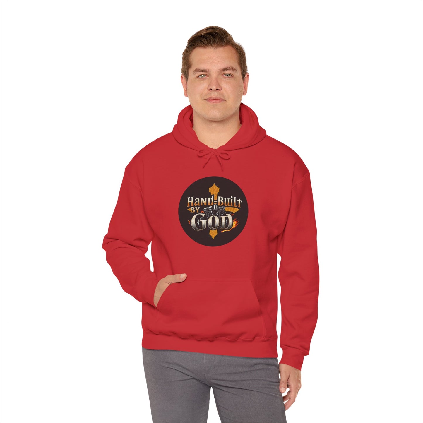 Hand Built by God Men’s Christian Hoodie – Cross & Engine Design