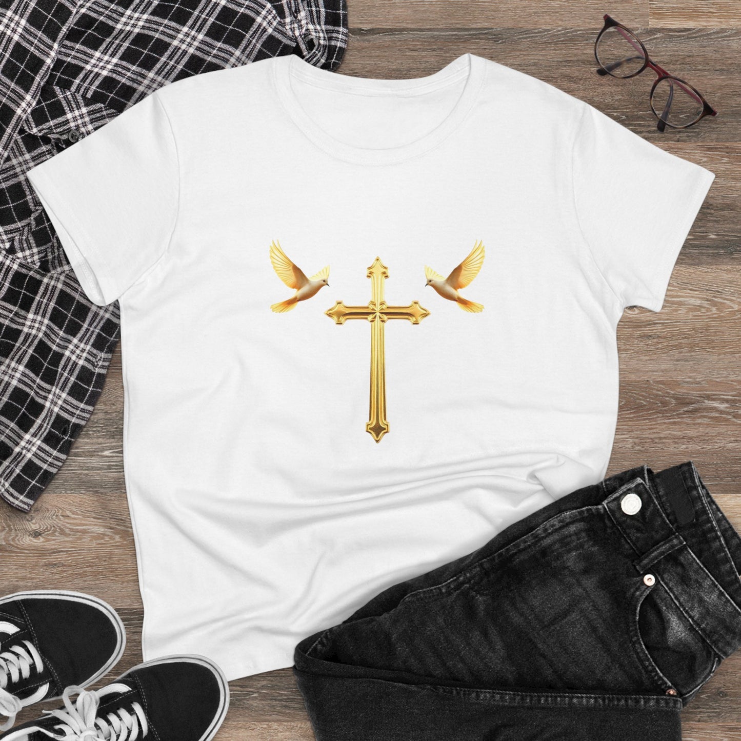 Flight of Grace – Gold Cross & Doves Tee