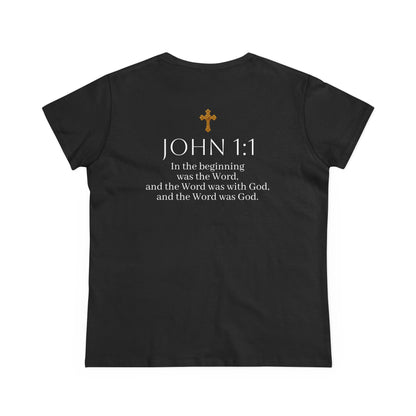 “The Word Eternal” – Women’s Christian Tee with White Lettering (John 1:1)