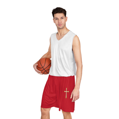 Men’s Modern Gold Cross Basketball Shorts in Red – Sleek Faith-Inspired Design