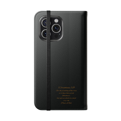 Black with Gold Cross & 1 Corinthians 1:18 - iPhone Flip/Wallet Phone Case
