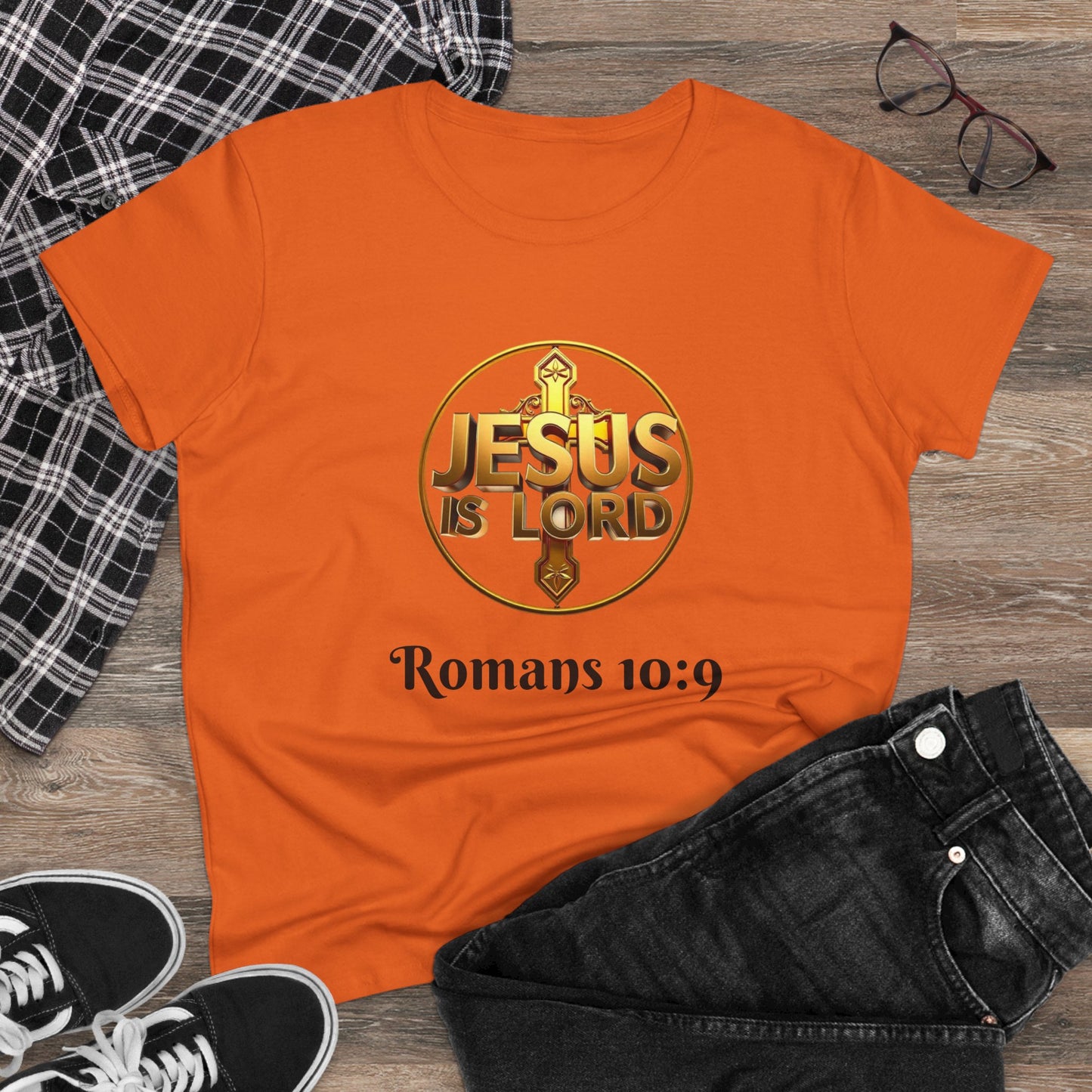 Women’s Romans 10:9 Christian T-Shirt – Jesus Is Lord & He Is Risen (Dark Lettering)