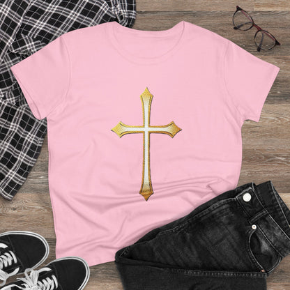 Women’s Gold Cross Tee – Christian Faith Shirt with Bold Cross Design