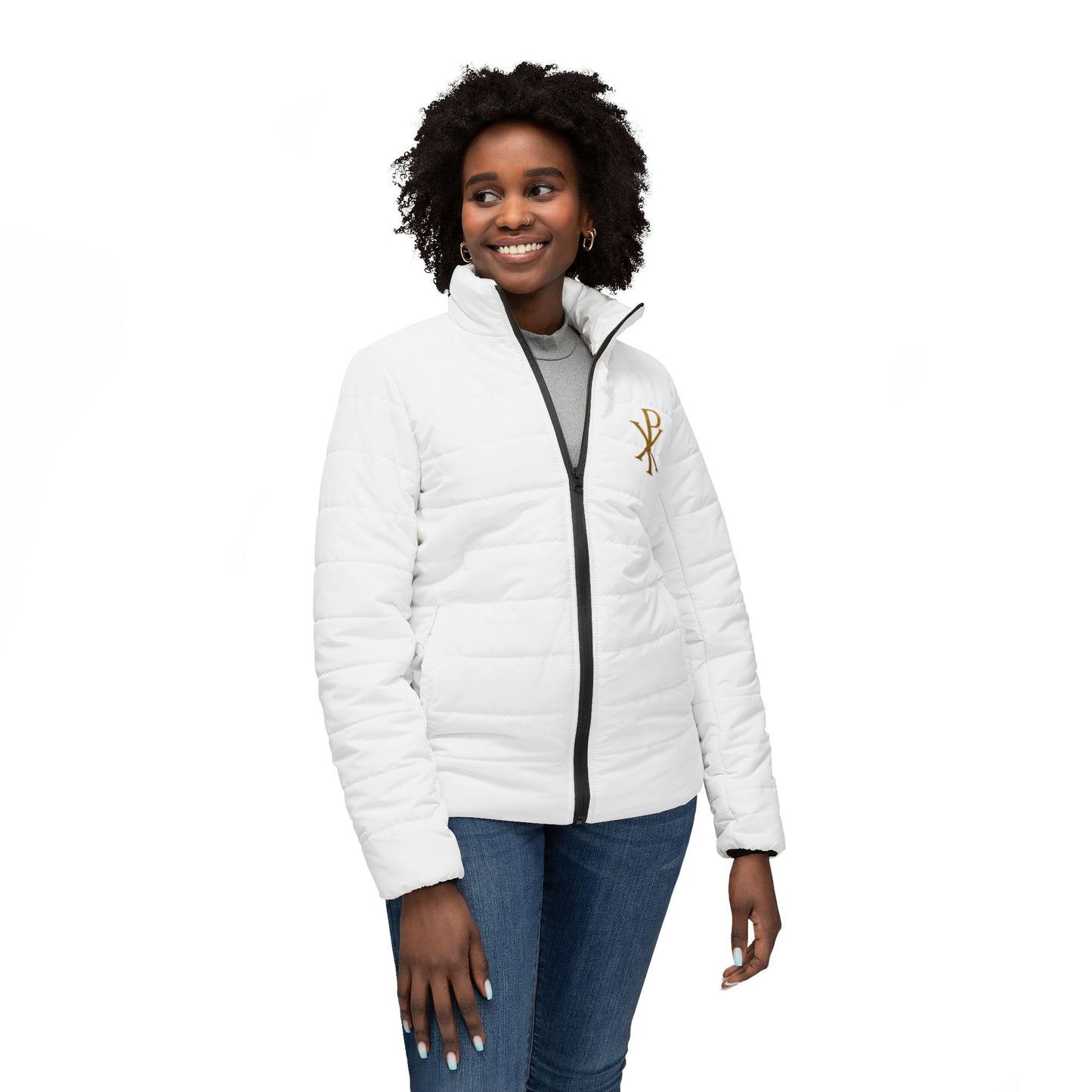Heralded Faith Women’s Puffer Jacket – Gold Chi Rho Crest