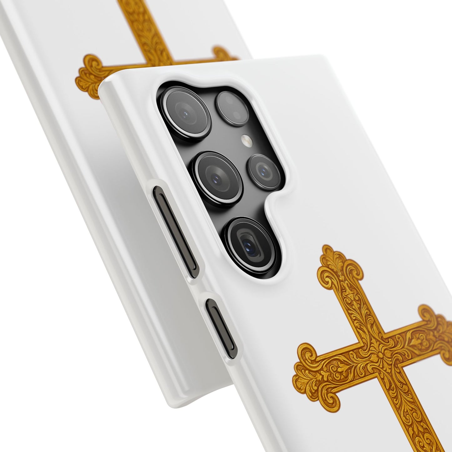 White Samsung Snap Case – Gold Cross Design