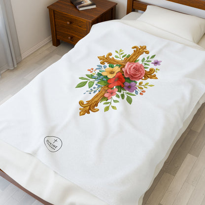 Blooming Faith: Floral Cross Plush Blanket