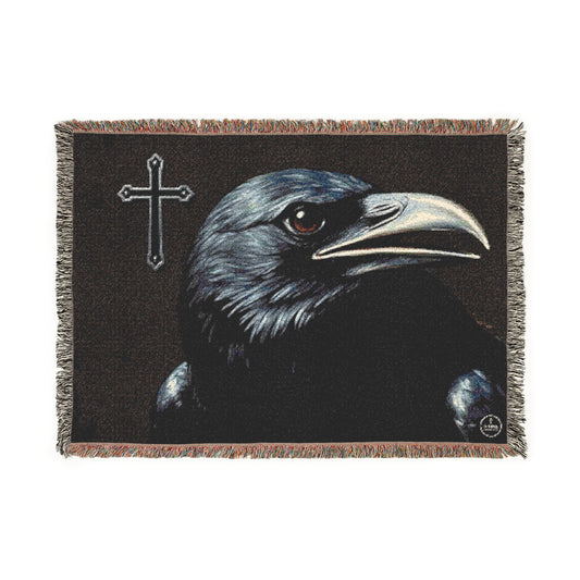 Divine Watcher Crow & Cross Woven Blanket – Bold Spiritual Decor