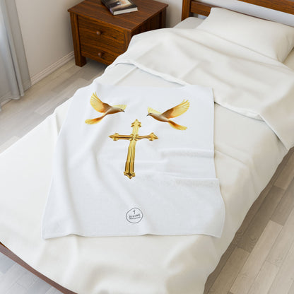 Divine Harmony Plush Blanket – Gold Cross with Doves on White