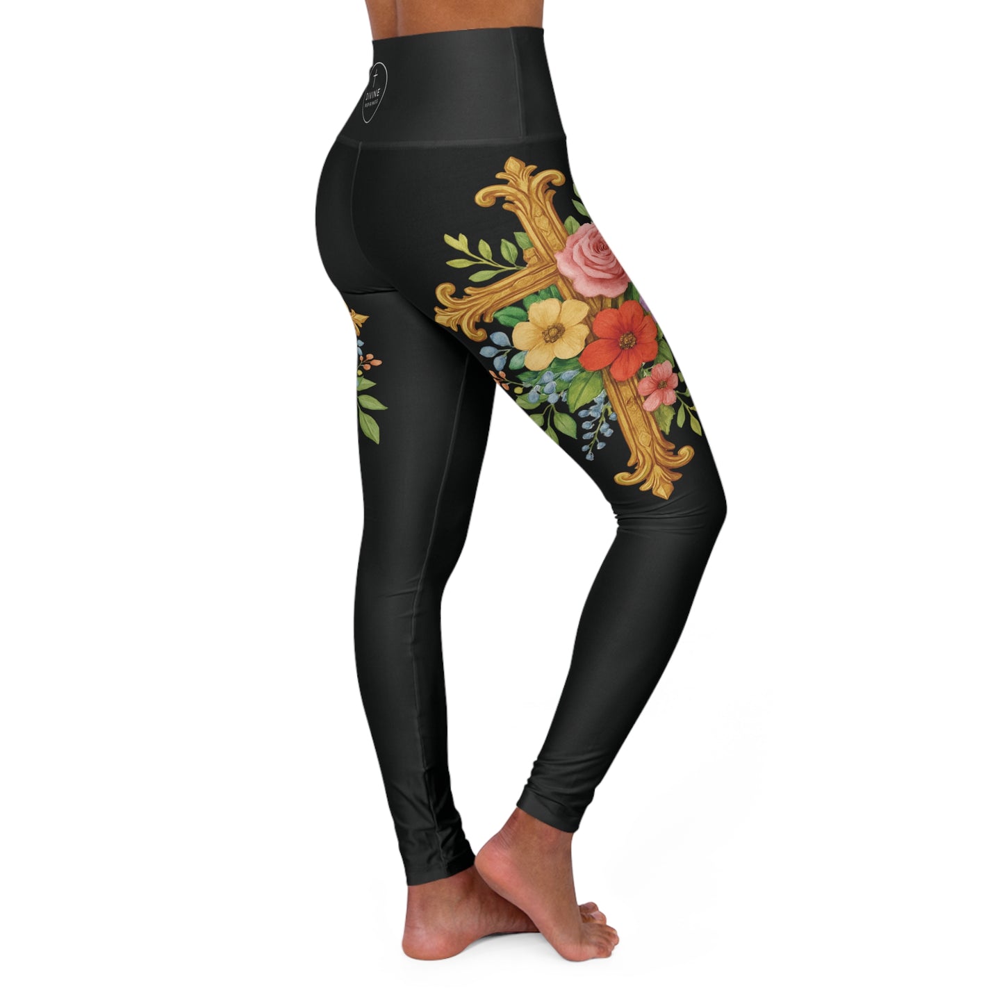 Floral Cross Graceful Fit High-Waisted Leggings in Black - Christian Women's Apparel