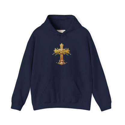 Becoming Women’s Faith Hoodie – Gold Cross Edition (1 Corinthians 15:49)