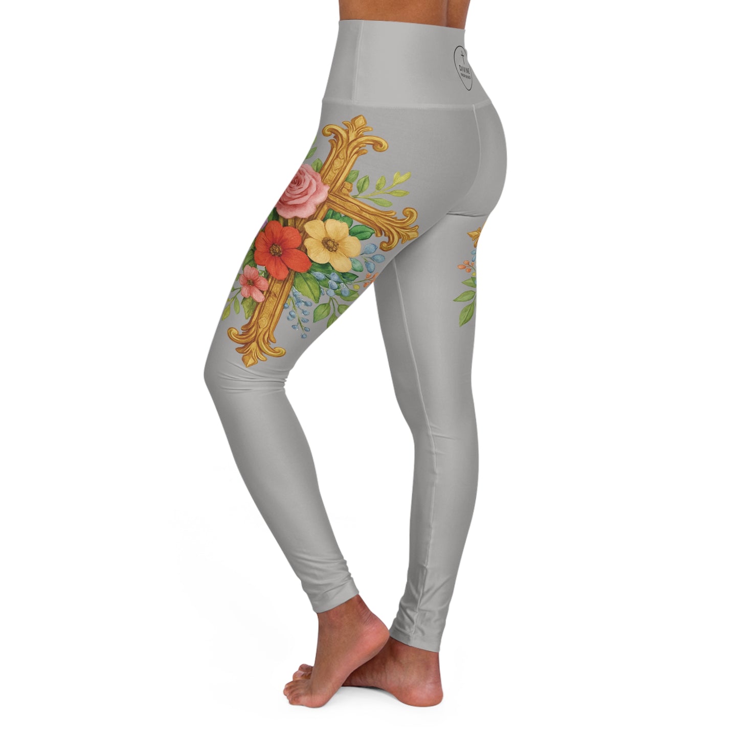 Floral Cross Graceful Fit High-Waisted Leggings in Grey - Christian Women's Apparel