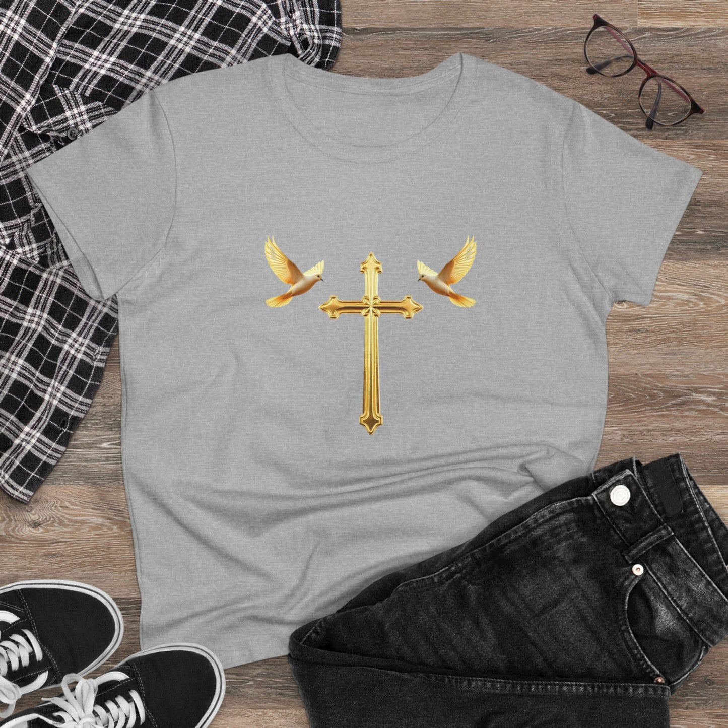Flight of Grace – Gold Cross & Doves Tee