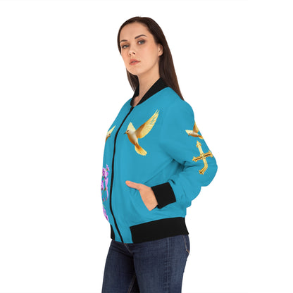 Heavenly Ascent – Gold Cross & Doves Women’s Bomber Jacket in Turquoise