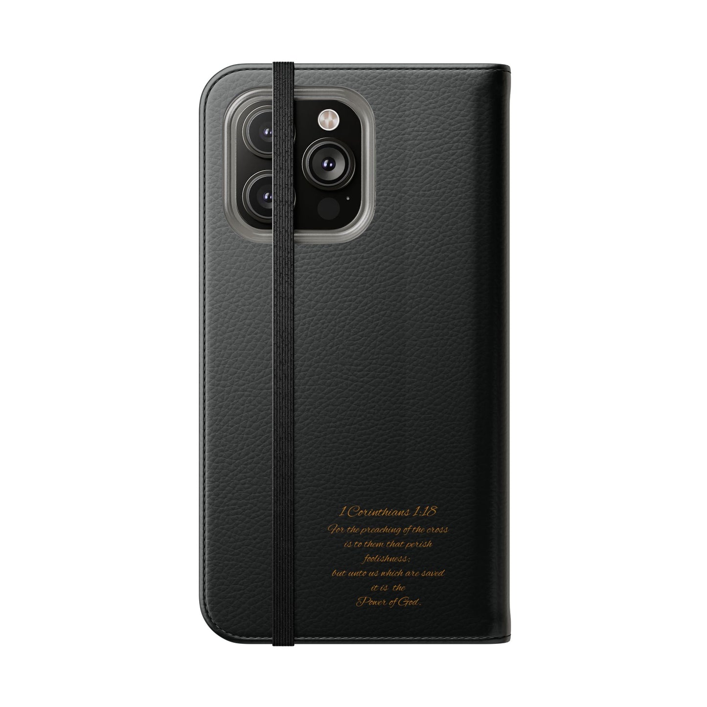 Black with Gold Cross & 1 Corinthians 1:18 - iPhone Flip/Wallet Phone Case