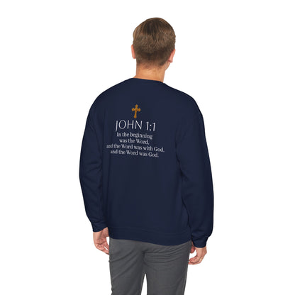 “The Word Eternal” – Men’s Christian Sweatshirt with White Lettering (John 1:1)