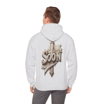 “Soon” Cross Men’s Hoodie – Back Print Faith Statement