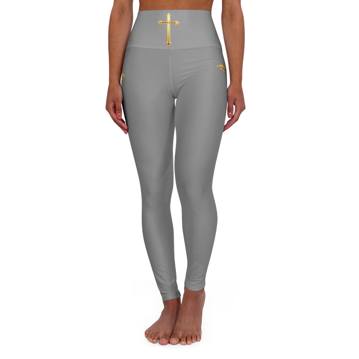 Gold Cross Women’s High-Waisted Yoga Leggings in Grey – Symbol of Eternal Victory