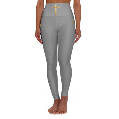 Gold Cross Women’s High-Waisted Yoga Leggings in Grey – Symbol of Eternal Victory