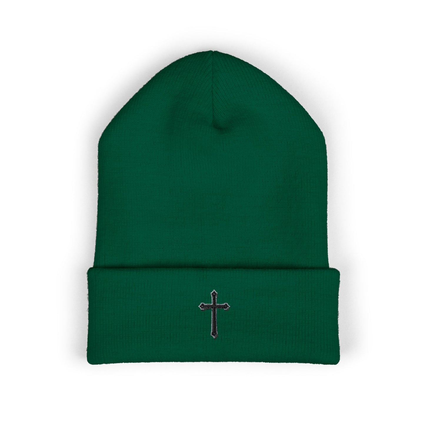 Shadowed Faith Cuffed Beanie – Black Embroidered Cross