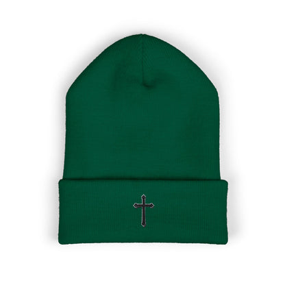 Shadowed Faith Cuffed Beanie – Black Embroidered Cross