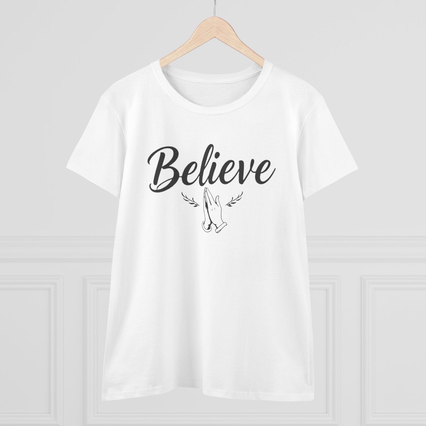 Believe – Women’s Christian Tee with Praying Hands & Romans 10:9