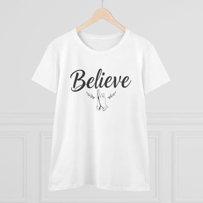 Believe – Women’s Christian Tee with Praying Hands & Romans 10:9