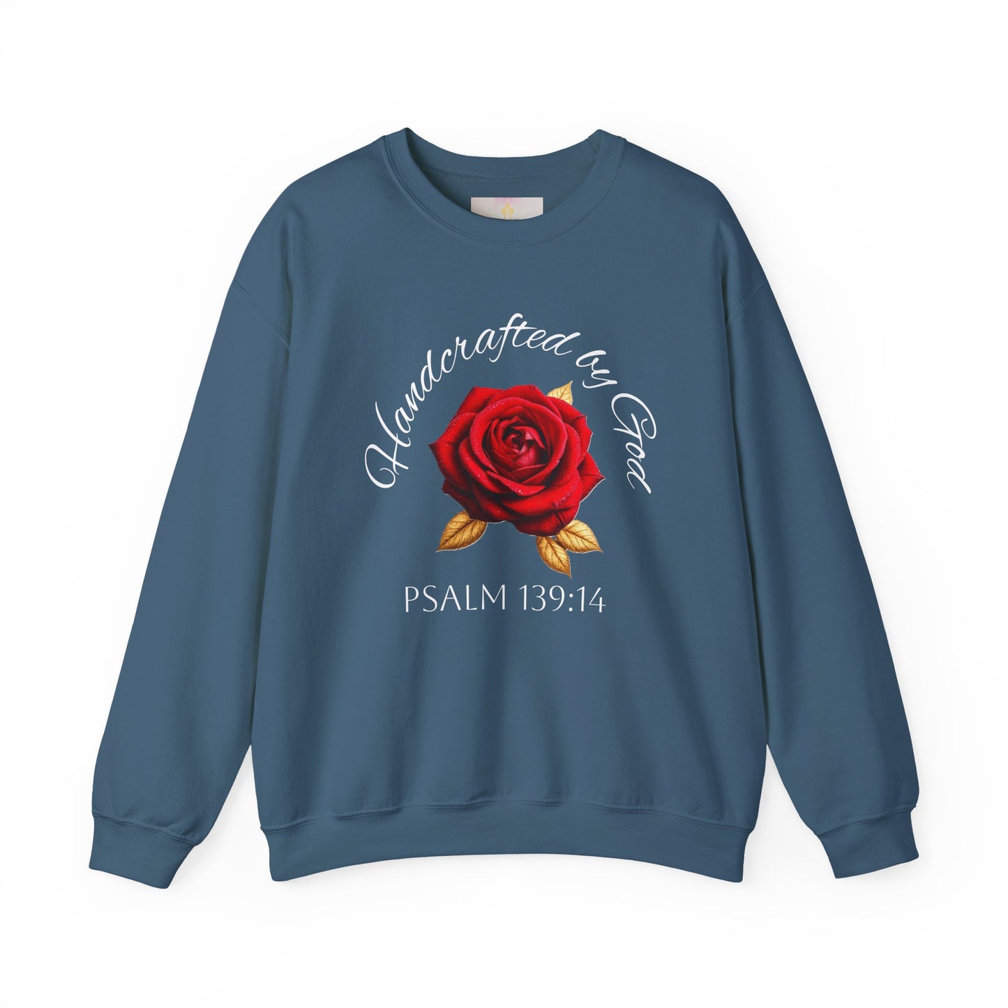 Handcrafted by God Rose Sweatshirt – White Lettering, Psalm 139:14