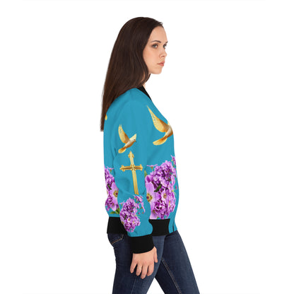 Heavenly Ascent – Gold Cross & Doves Women’s Bomber Jacket in Turquoise