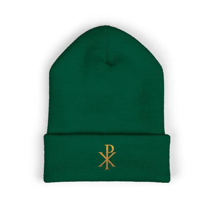 Radiant Faith Cuffed Beanie – Gold Chi Rho Embroidery