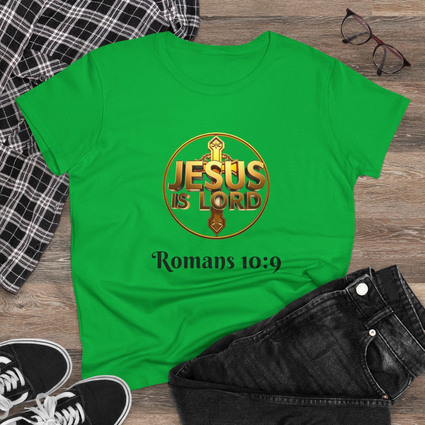 Women’s Romans 10:9 Christian T-Shirt – Jesus Is Lord & He Is Risen (Dark Lettering)