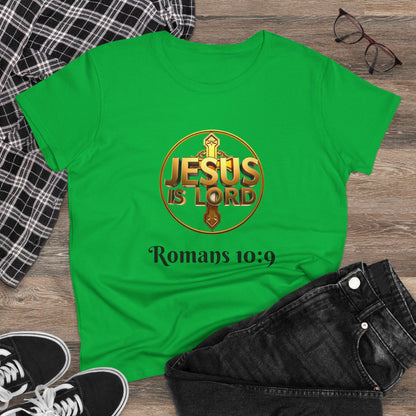 Women’s Romans 10:9 Christian T-Shirt – Jesus Is Lord & He Is Risen (Dark Lettering)