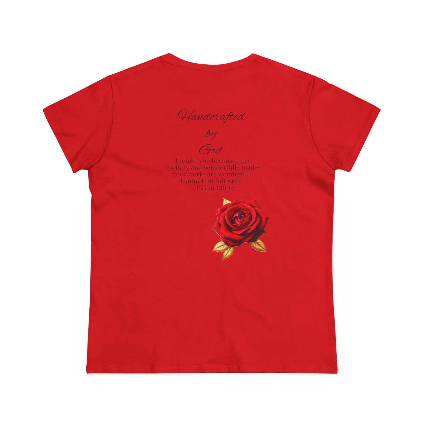Handcrafted By God Women’s Christian Tee – Rose Design, Dark Lettering