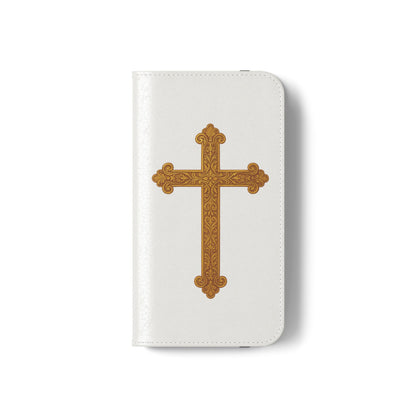 White Wallet Case – Gold Cross with 1 Corinthians 1:18 for iPhones