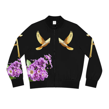 Heavenly Ascent – Gold Cross & Doves Women’s Bomber Jacket in Black